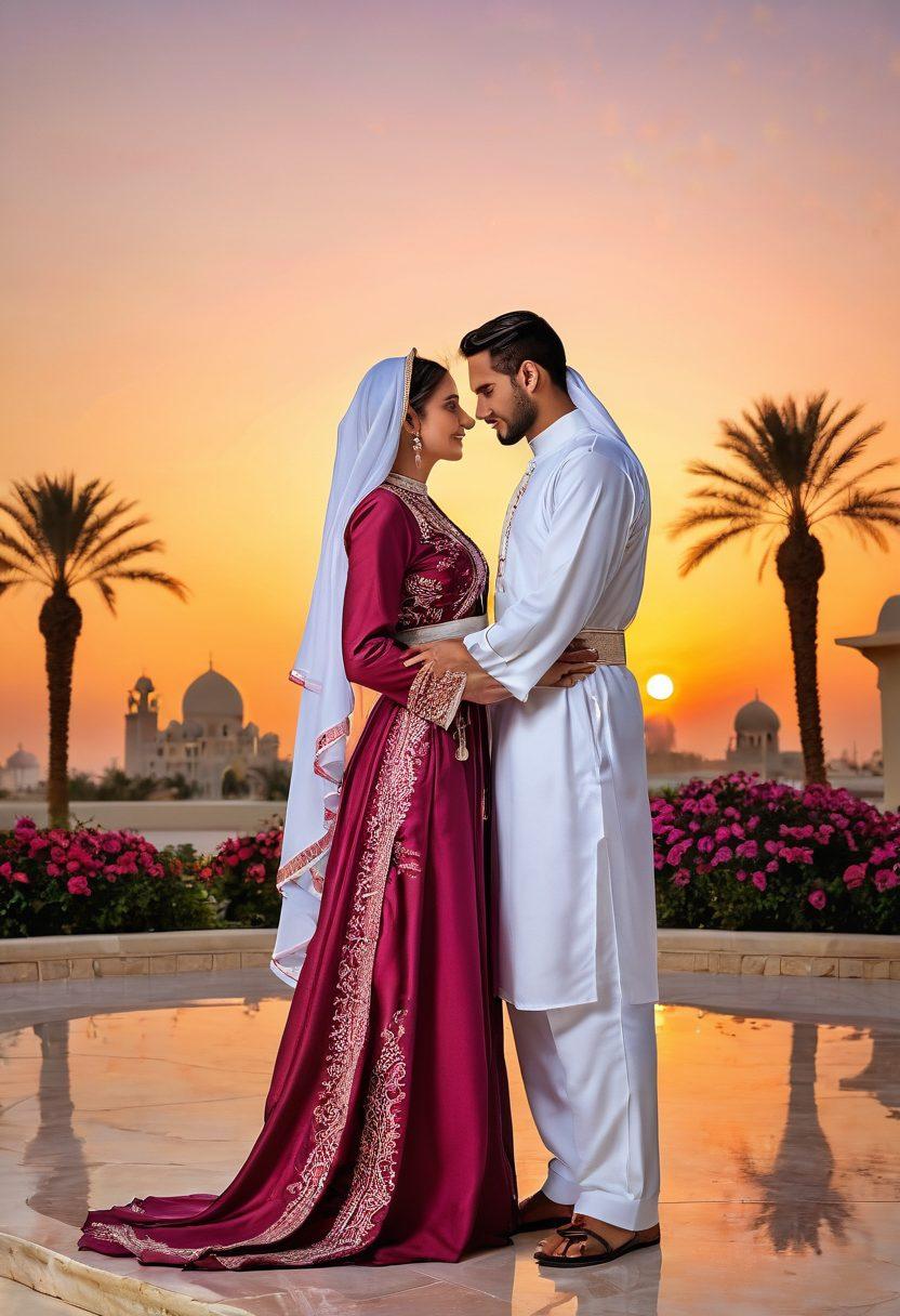 A serene Qatari sunset backdrop, illuminating a loving couple in traditional attire, sharing a gentle embrace. Surrounding them, intricate Arabic patterns symbolize devotion, while delicate flowers represent affection. Soft, warm hues create an intimate atmosphere reflecting romance. super-realistic. vibrant colors. elegant patterns.