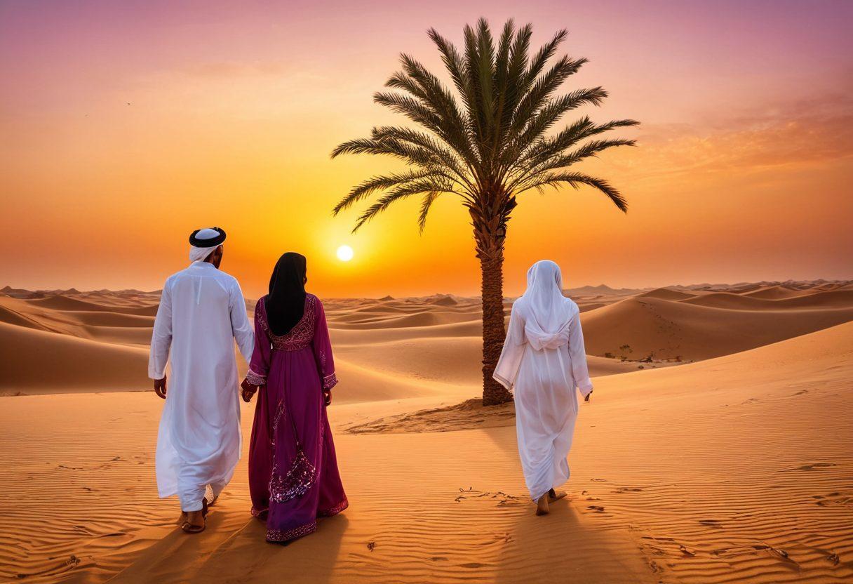 A picturesque sunset over a traditional Qatari landscape, featuring golden sand dunes and a silhouette of palm trees. In the foreground, a couple sharing a tender moment, dressed in traditional Qatari attire, surrounded by colorful flowers and intricate cultural motifs. The sky is a blend of warm hues, symbolizing love and relationships. super-realistic. vibrant colors. cultural themes.